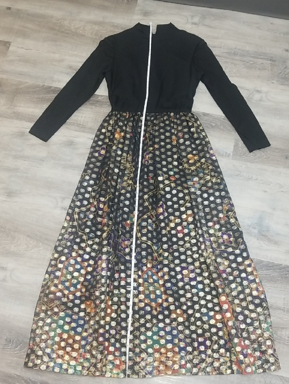 Black Long Sleeve Maxi Dress with Multicolor Metallic Brocade Skirt - Picture 5 of 10
